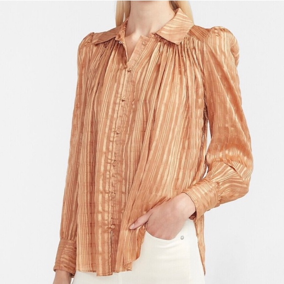 Express Metallic Pleated Puff Sleeve Shirt - Picture 1 of 4